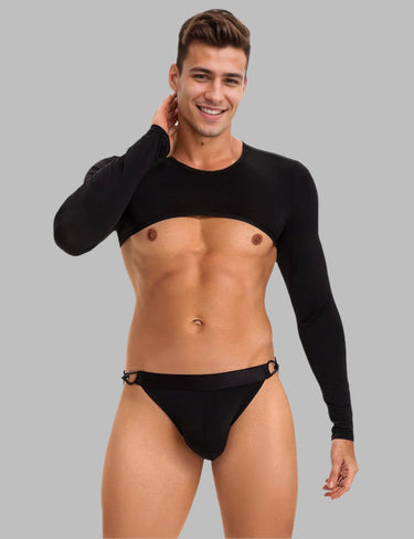 a man wearing a black underwear and a black shirt